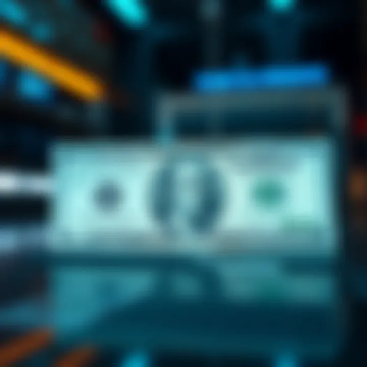 Digital representation of a dollar bill in a futuristic setting